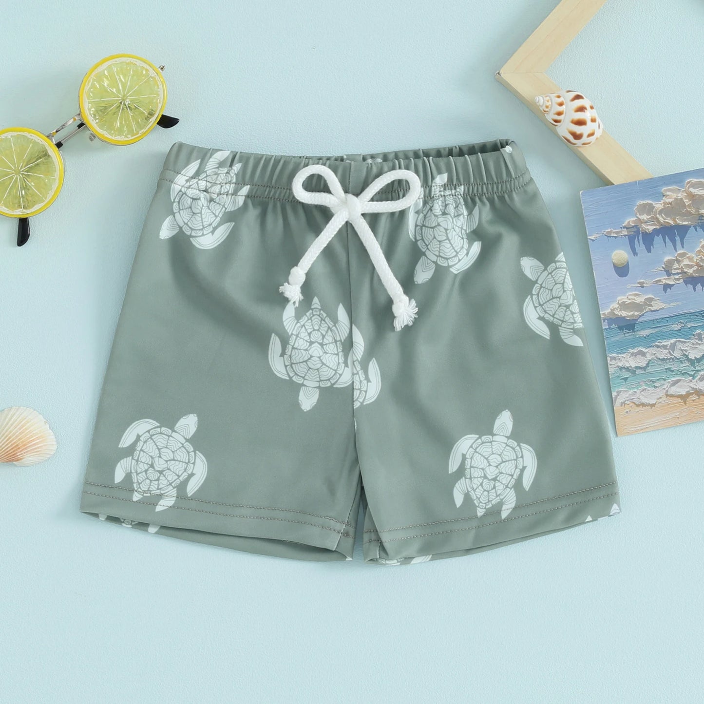 Toddler Boys Swim Trunks - Cartoon Print Elastic Waist Shorts (0-4Y)