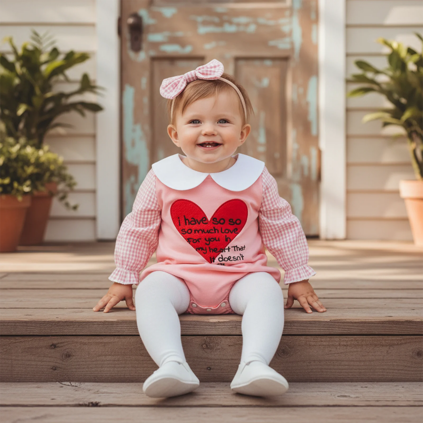 Baby Girls Boys Valentine's Day Letter Heart Embroidery Plaid Long Sleeve Doll Collar Romper