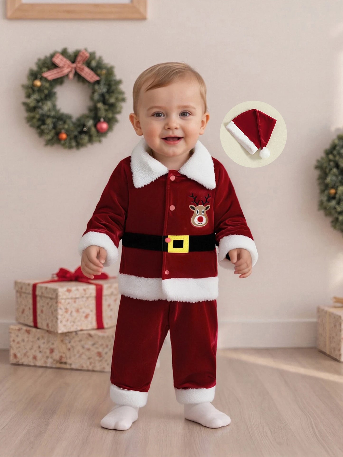 Christmas Santa Costume Set - Kids Lapel Button Down Top & Pants Outfit