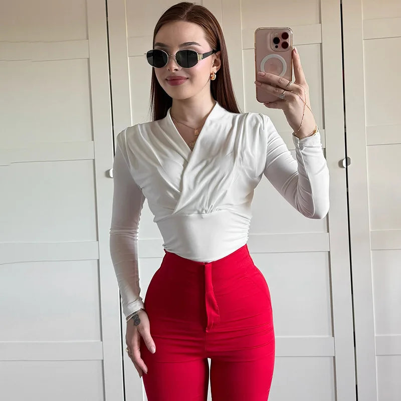 Women's Cross-Neck Slim Long Sleeve Elegant Ruched Top