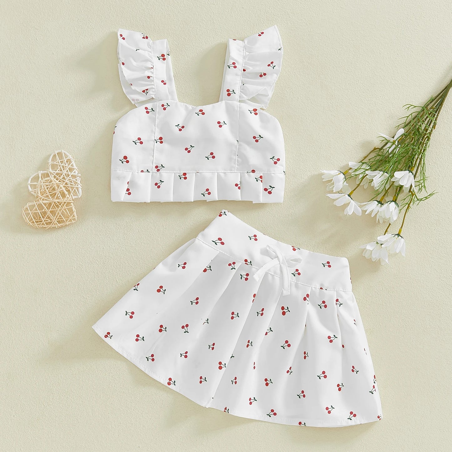 0-4Y  Kids Girl's Summer Clothes Set Fruit Print Flutter Sleeve Tank Top with Bow A Line Skirt