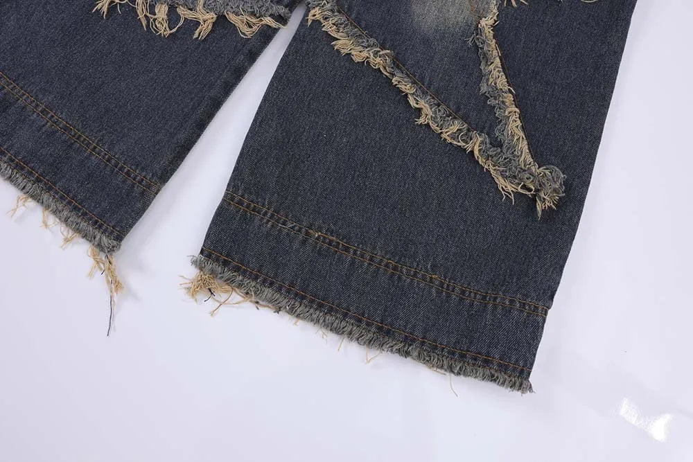 Men's Vintage Baggy Jeans Star Patchwork Loose Straight Denim Jeans