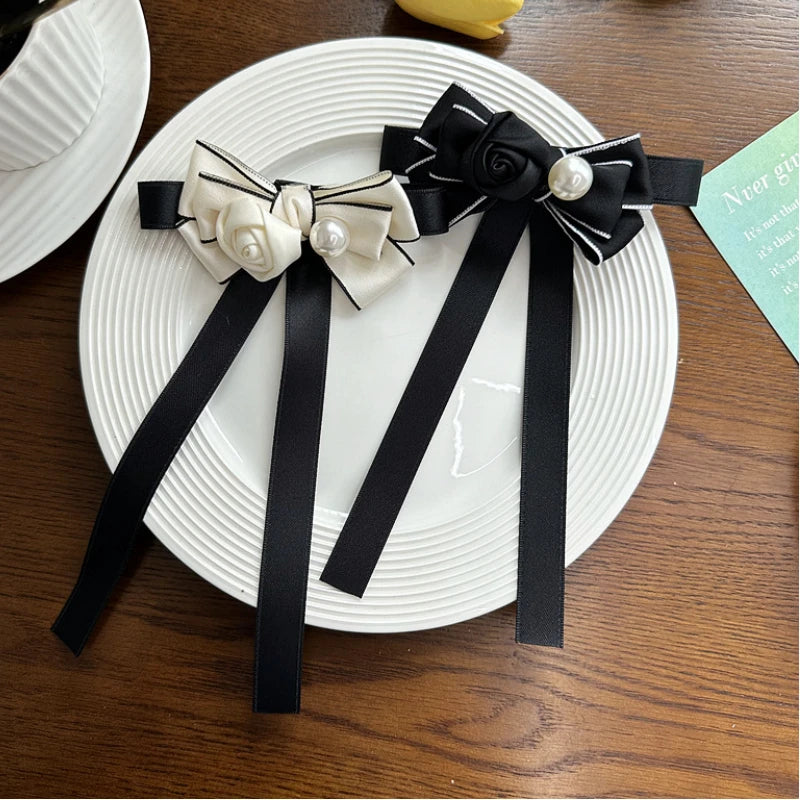 Rose Flower Brooch with Pearl & Ribbon Bow - Women's Fashion Pin