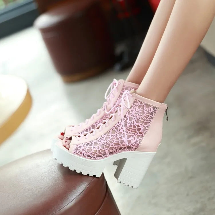 Women's Open Toe Summer Short Back Zipper Leather Mesh Hollow Cool Boots