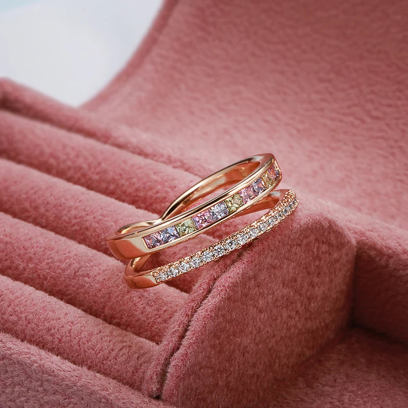 Women's Natural Zircon 585 Rose Gold Stackable Band Rings