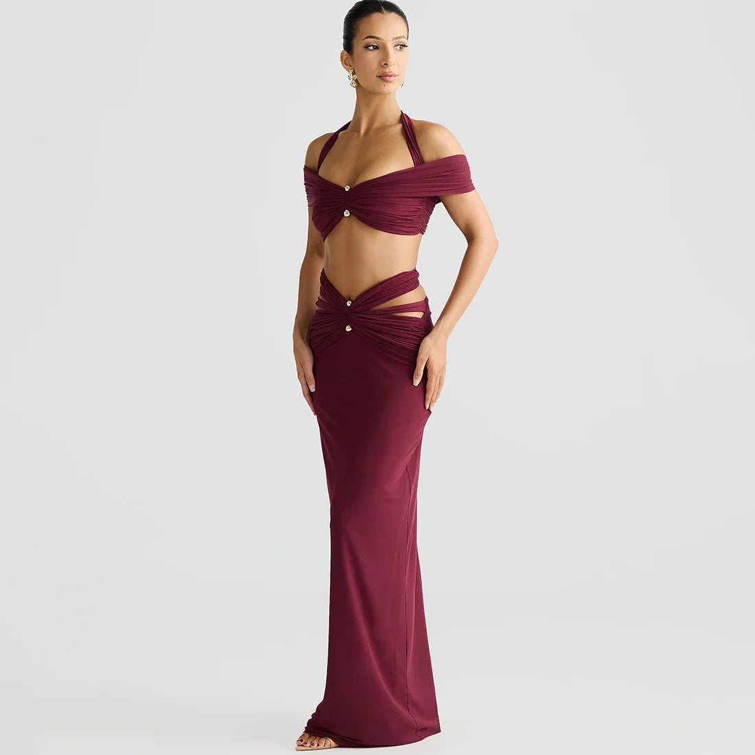 Women's Elegant Ruched Cut Out 2 Piece Dress Set - Halter Top & Maxi Skirt