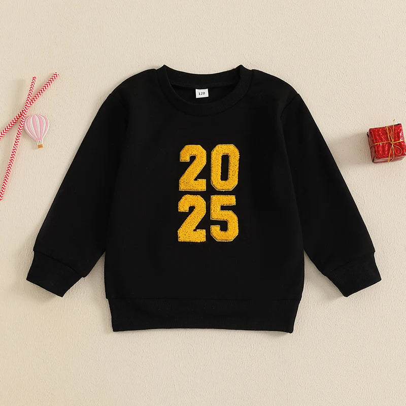 1-6Y Toddler Kids Boys Girls New Year Sweatshirt - Long Sleeve Crew Neck Letter Embroidery Pullover Top