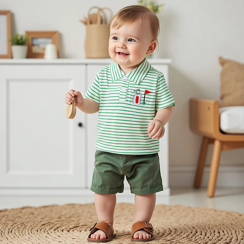 0-4Y Toddler Kids Boys Summer T Shirts Short Sleeve Casual Golf Embroidery Striped Print Pullover Top