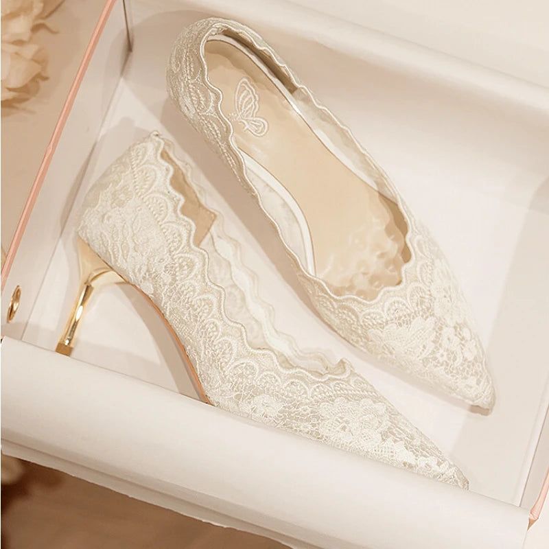 Embroidered Bridal Heels - Pointed Toe Wedding Pumps with 6.5cm Heel