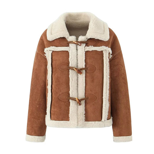 Retro Horn Button Faux Suede Lambswool Jacket - Lapel Collar Winter Coat