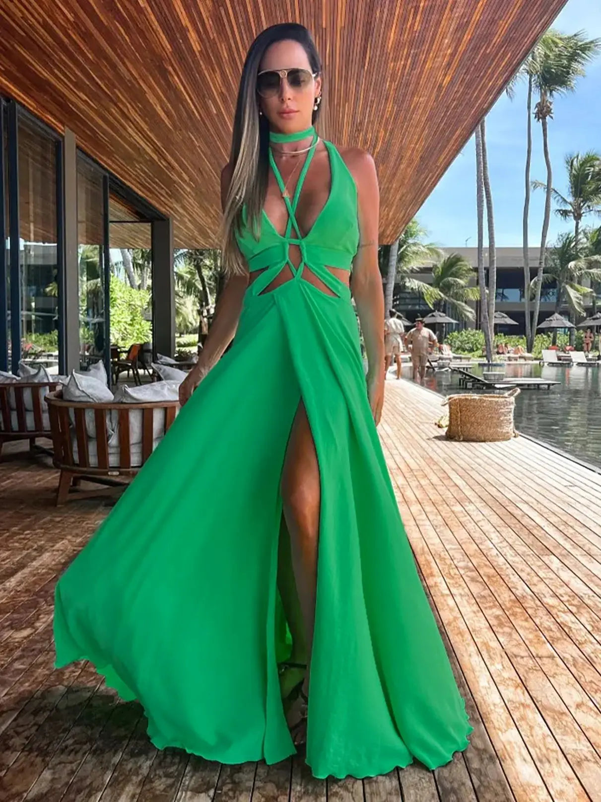 Women's Halter Neck Tie Backless Beachwear Green Cover Up Long Dress