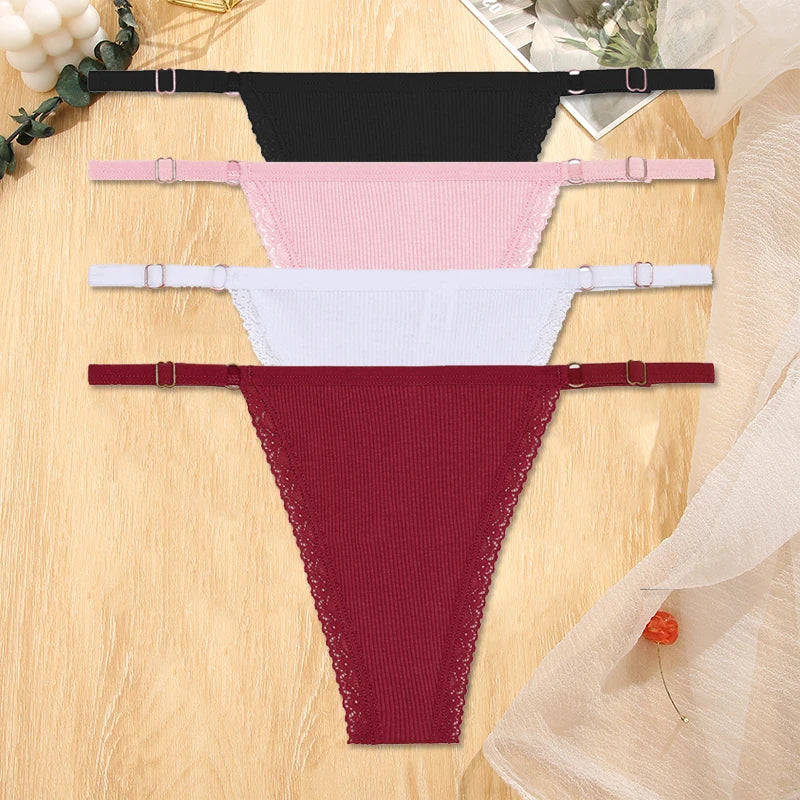 Women's Cotton Thongs 4-Piece Set - Adjustable Waistband Low-Rise Underwear