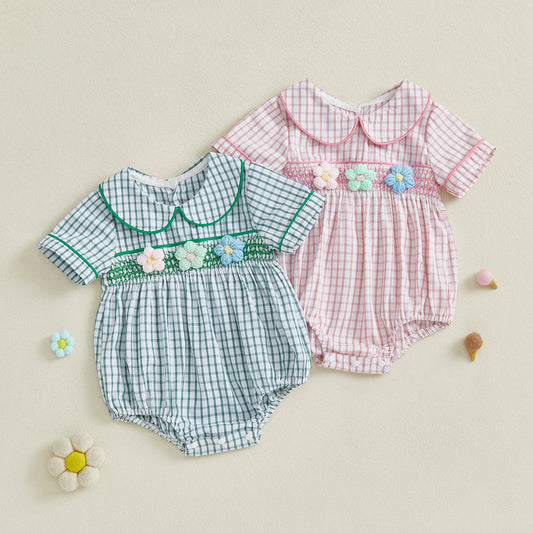 Baby Girls Summer Plaid Romper - Doll Collar Short Sleeve with Flower Embroidery (0-18M)