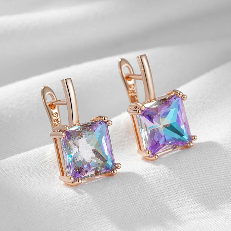 Square Purple Natural Zircon English Earrings for Women 585 Rose Gold