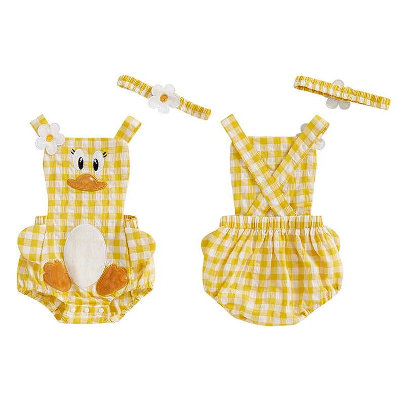 Baby Girls' Cartoon Duck Embroidery Plaid Sleeveless Romper with Floral Headband | Square Neck Summer Playsuit | 3M–12M
