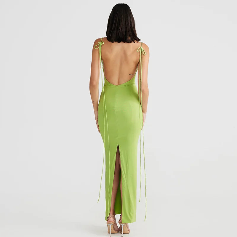 Women's Halter Backless Ruched Maxi Dress - Women Tie Detail Sleeveless Split Bodycon Dress