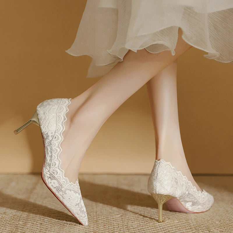 Embroidered Bridal Heels - Pointed Toe Wedding Pumps with 6.5cm Heel