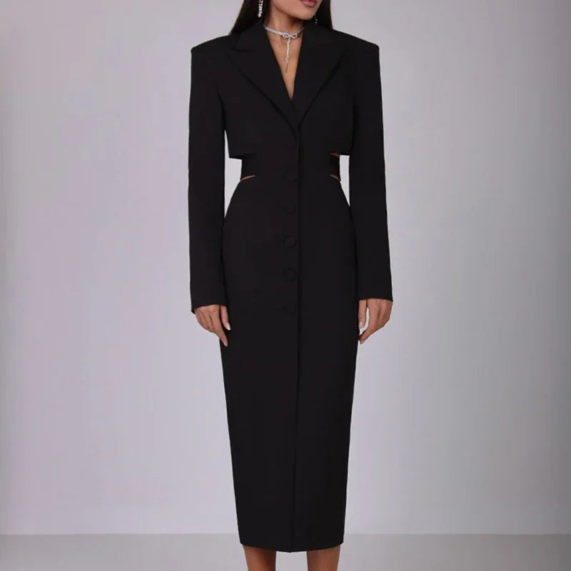 Women's Hollow Waist Suit Single Breasted Midi Lapel Long Sleeve Elegant Dress