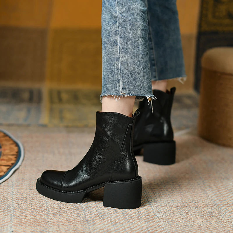 Women's Genuine Leather Platform Chunky Ankle Boots