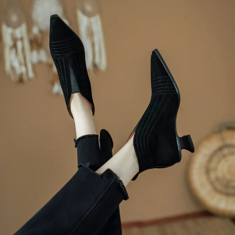 Women's  High-heel Sheep Suede Leather Shoes Pointed Toe Ankle Boots