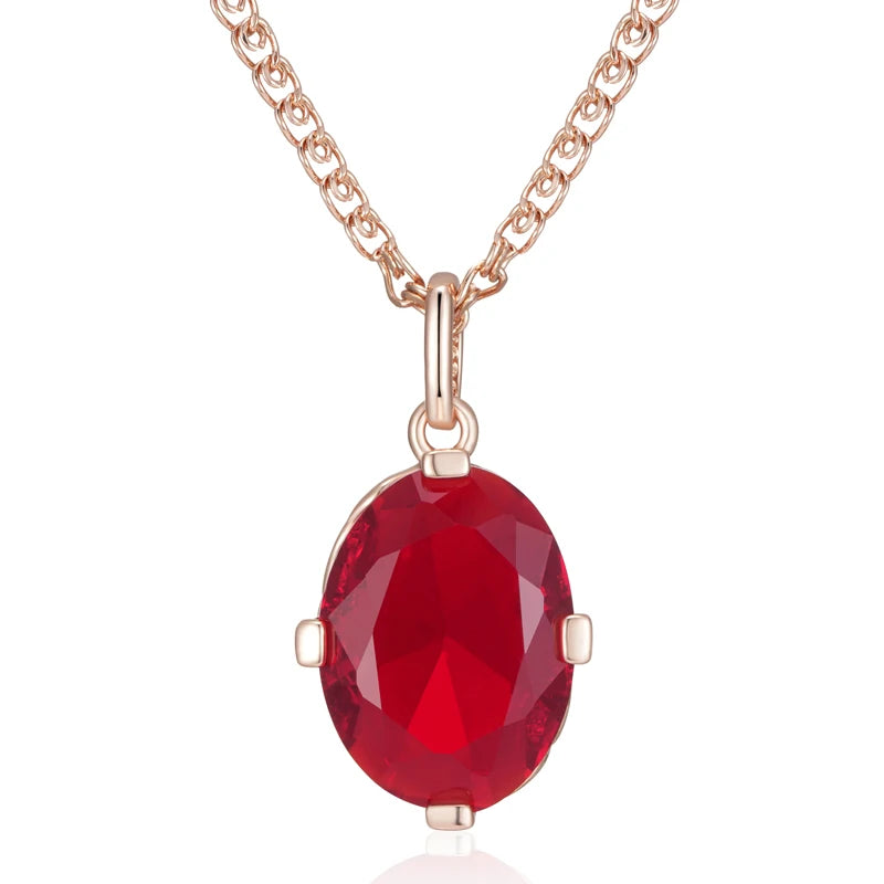 Women's 585 Rose Gold Colour  Oval Red Natural Zircon Pendant Necklace