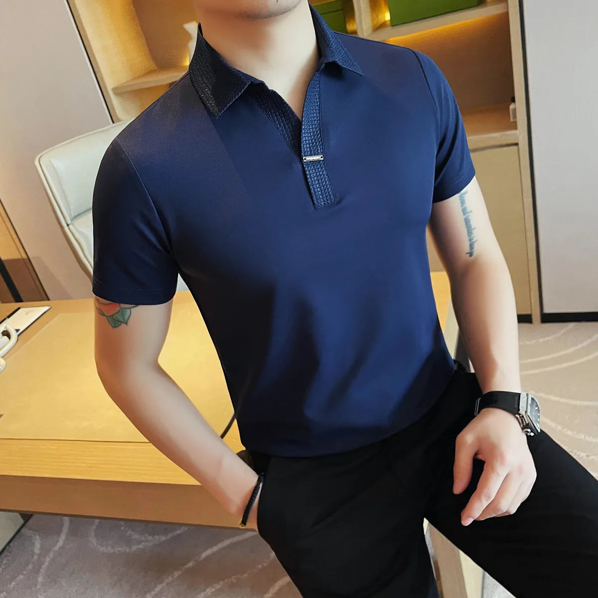 Men's Summer Slim Fit Casual Short Sleeve Style Turn Down Collar Polo Shirt