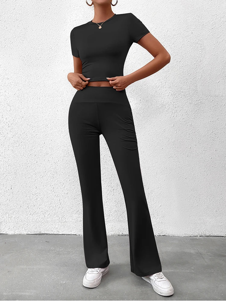 Women's Two-Piece Yoga Set - Short Sleeve T-Shirt & Straight Pants