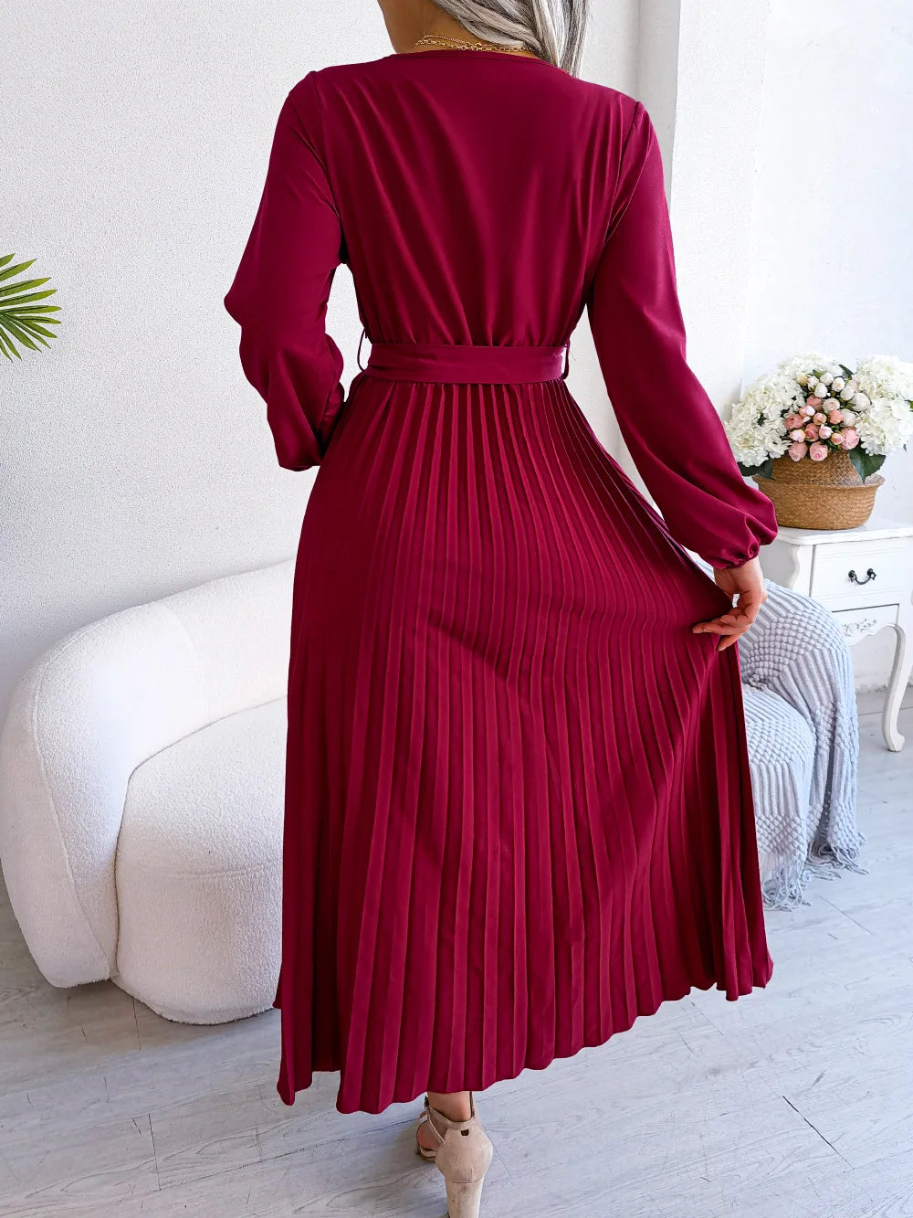 Women's Spring Summer Cross V Neck Large Hem Pleated Long Dress