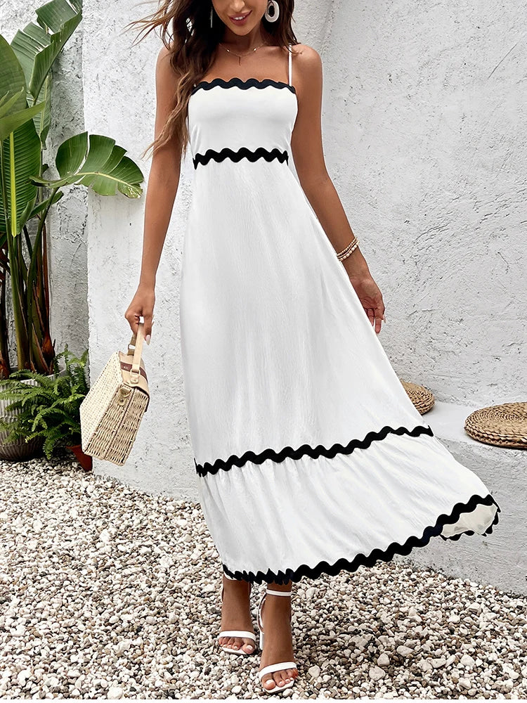 Elegant Ice Silk Spaghetti Strap Maxi Dress Round Neck Sleeveless Flower Trim A-Line Dress