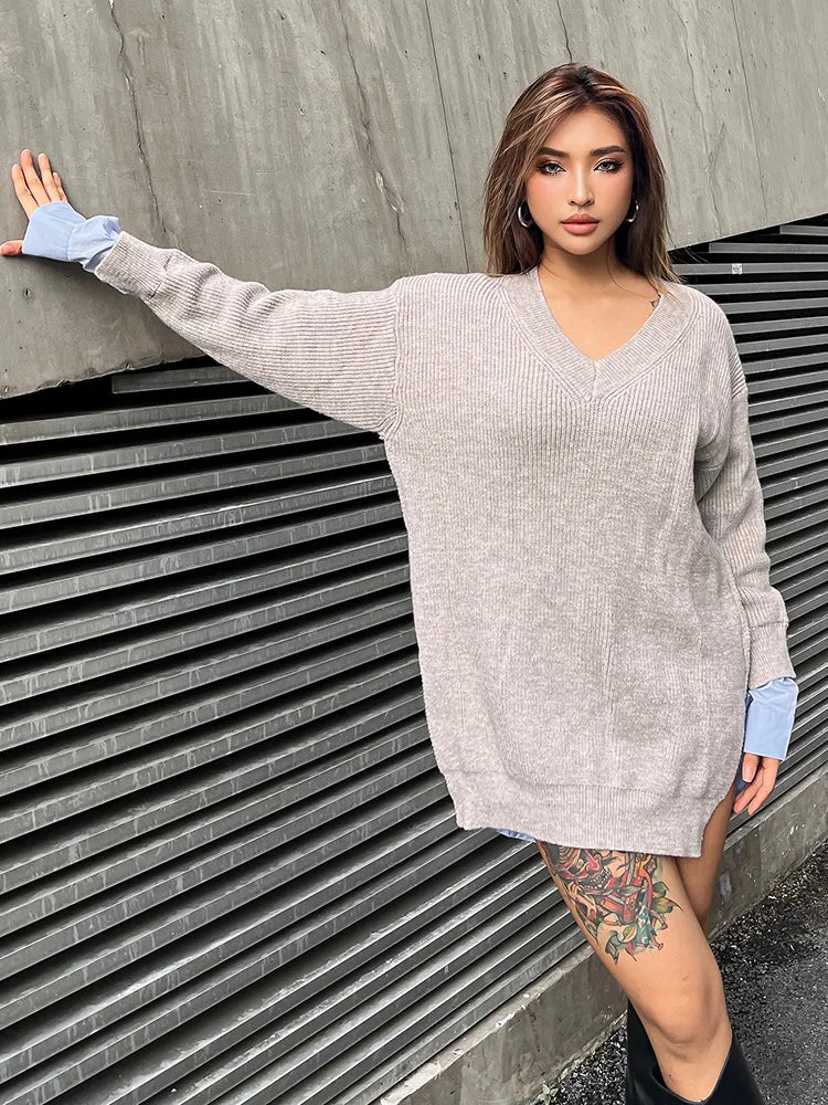 Women's Patchwork  V Neck Long Sleeve Loose Straight Knitting Pullover Sweater Shirt Dress