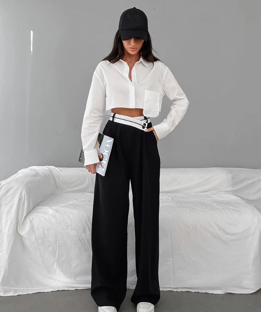 Women's 18 Patchwork Wide Leg Contrast High Waist Baggy Trousers