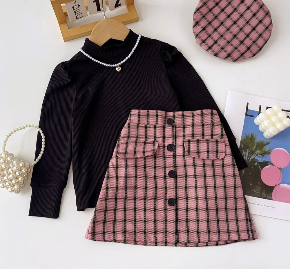Girls Three Piece Clothes Set Solid Colour High Neck Base Shirt and Plaid Skirt and Hat Set