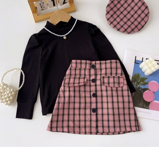Girls Three Piece Clothes Set Solid Colour High Neck Base Shirt and Plaid Skirt and Hat Set