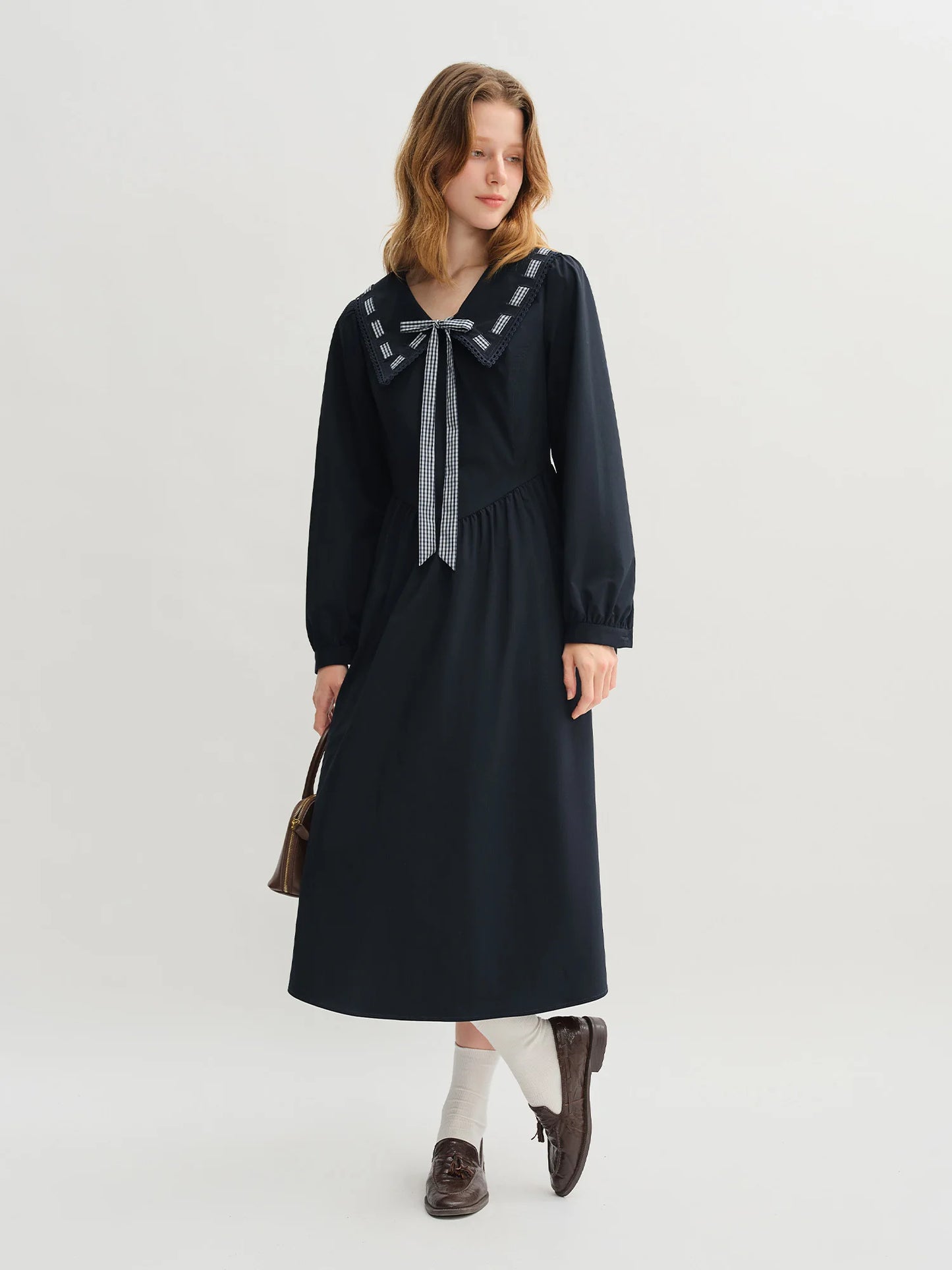 Plus Size College Style Navy Collar Ribbon Dress