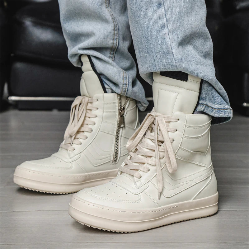 Men's High-Top Leather Sneakers - Lace-Up Ankle Boots