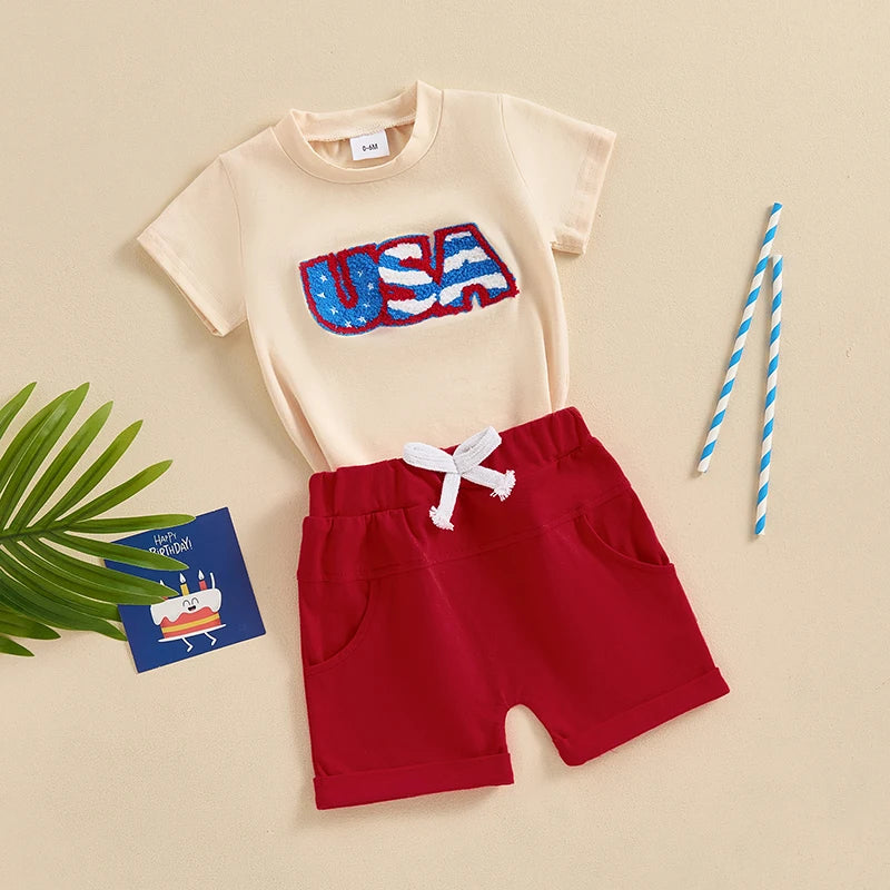 0-3Y Infant Baby Boys Clothes Set 2pcs Short Sleeve USA Letters Embroidery T-shirt with Shorts Outfit