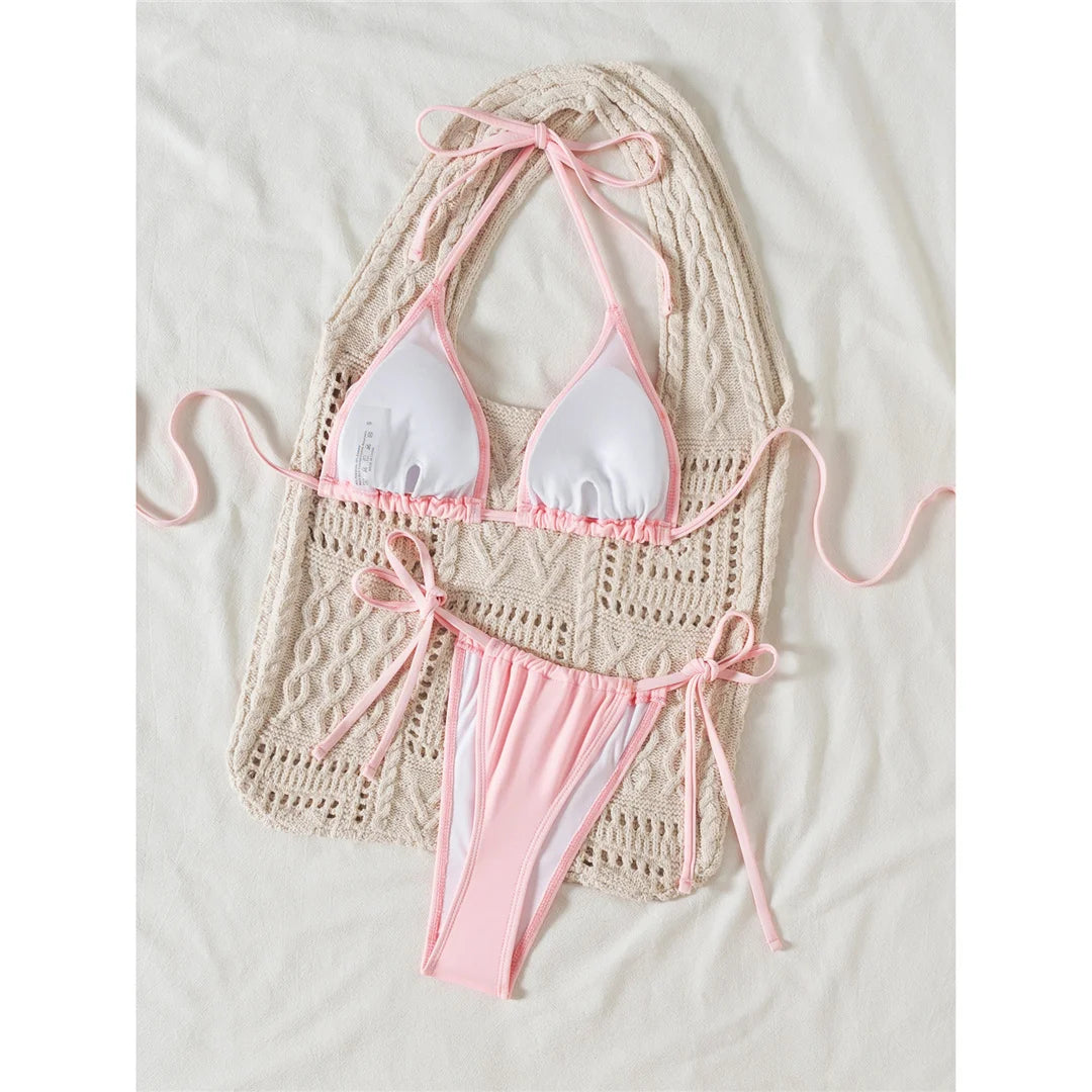 3D Flowers Halter High Leg Bikini Set