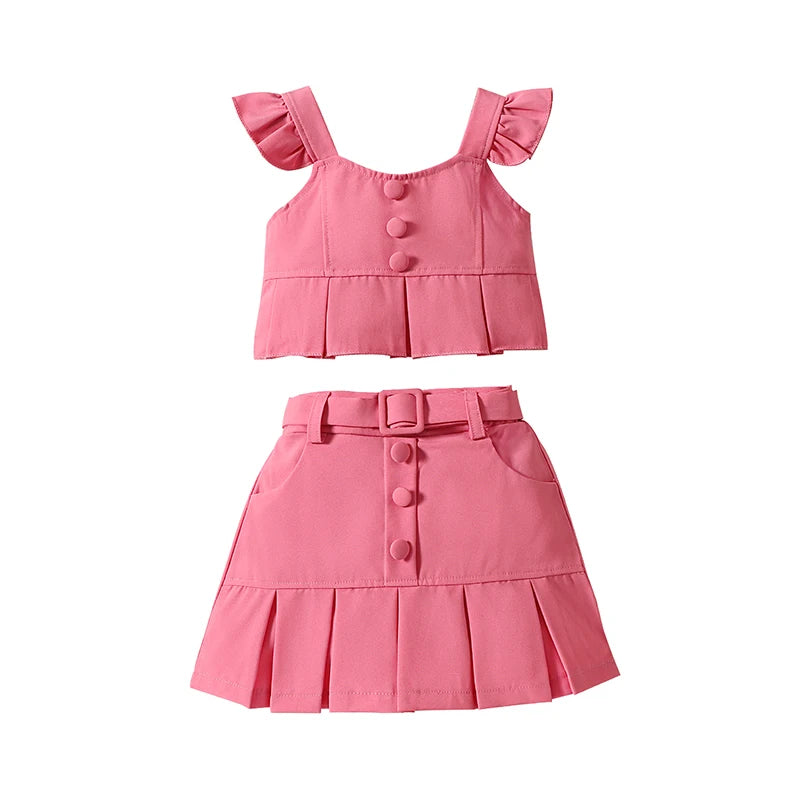 1-6Y Girls Summer Fashion Clothes Sets -  Ruffles Fly Sleeve Solid Tops Elastic Waist Pleated Mini Skirt with Belt