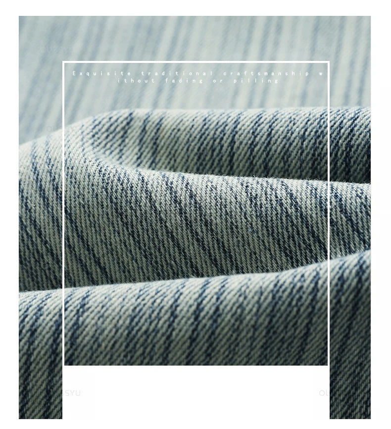 Men's Cotton Striped Straight Leg Jeans | Zipper Fly | Moustache Effect Wash | Midweight | Spring Summer | High Street