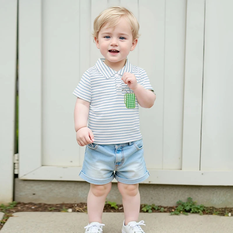 0-4Y Toddler Kids Boys Summer T Shirts Short Sleeve Casual Golf Embroidery Striped Print Pullover Top
