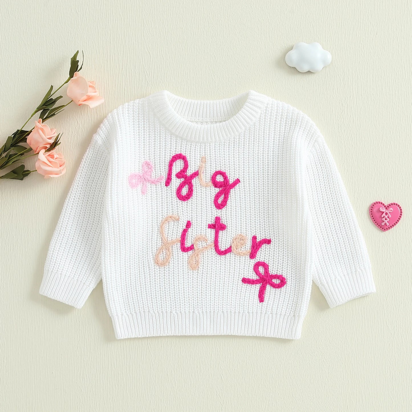 0-3Y Baby Girls Sister Sweater Letter Bowknot Embroidery Crew Neck Long Sleeve Kids Pullovers Casual Top