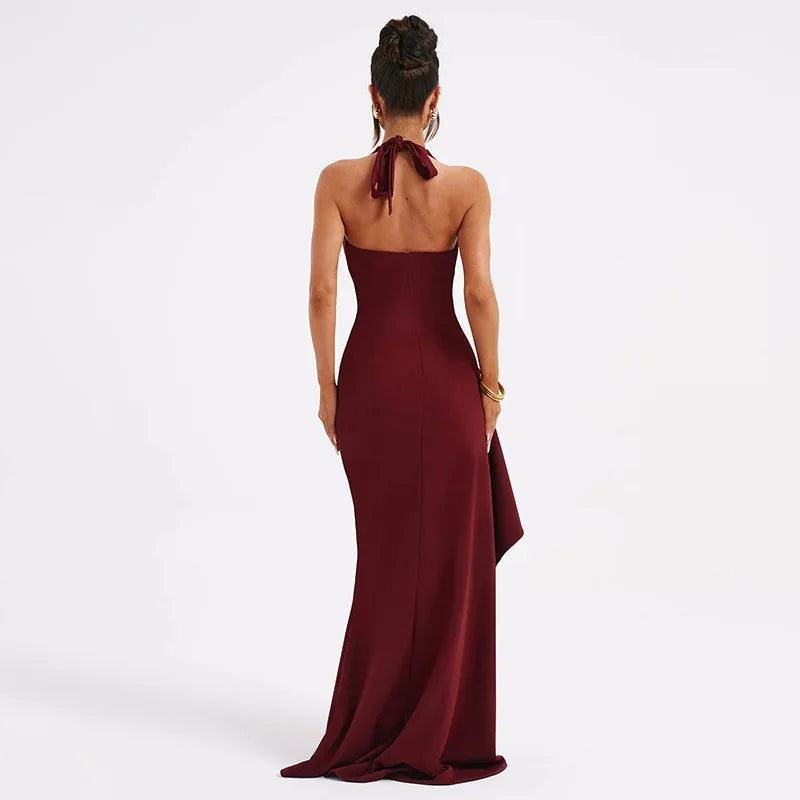 Women's Halter V Neck Split Long Backless Maxi Dress