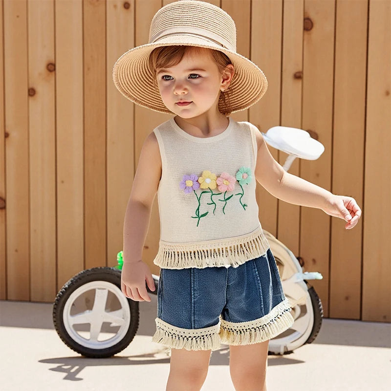 1-5Y Kids Girls Summer Clothes Sets Sleeveless Floral Embroidery Tasseled Tank Top and Elastic Denim Shorts