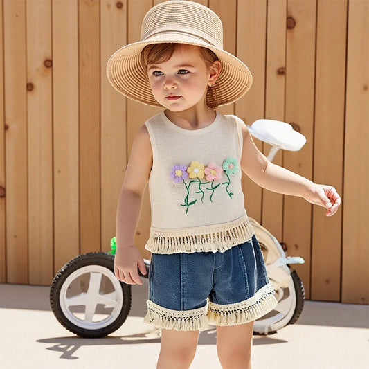 1-5Y Kids Girls Summer Clothes Sets Sleeveless Floral Embroidery Tasseled Tank Top and Elastic Denim Shorts