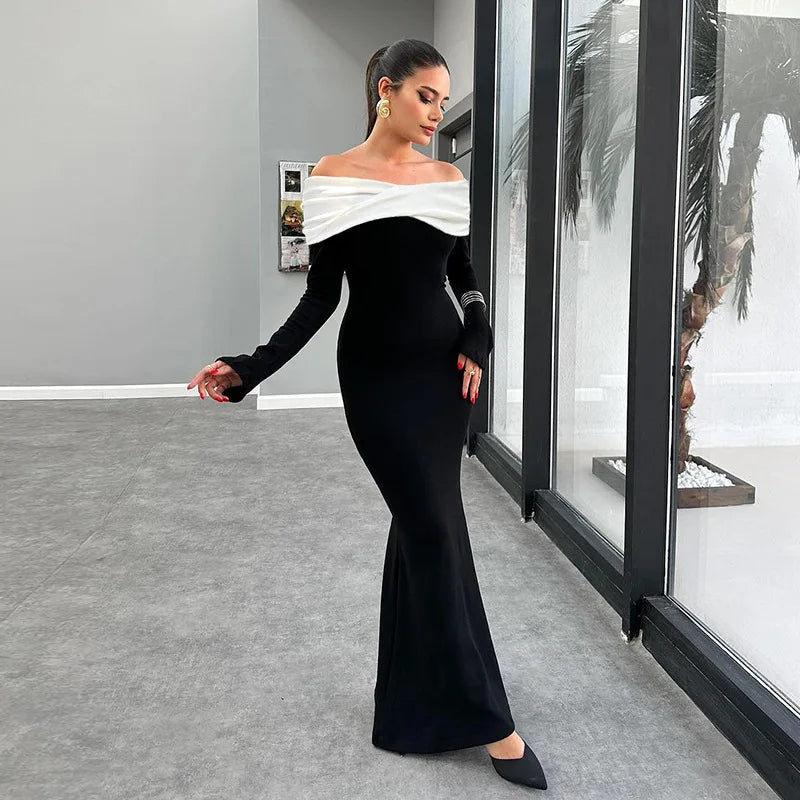 Women's Off-Shoulder Long High Waist Elegant Gown Long Sleeve Splice Bodycon Dress