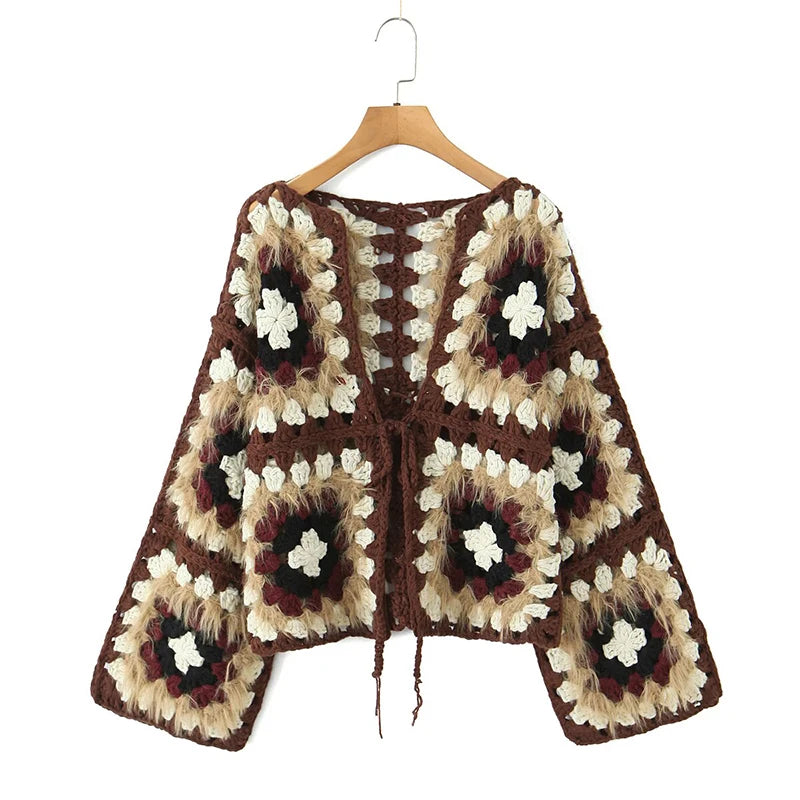 Boho Plaid Handmade Crochet Cardigan - Long Sleeve Lace Up Autumn Sweater