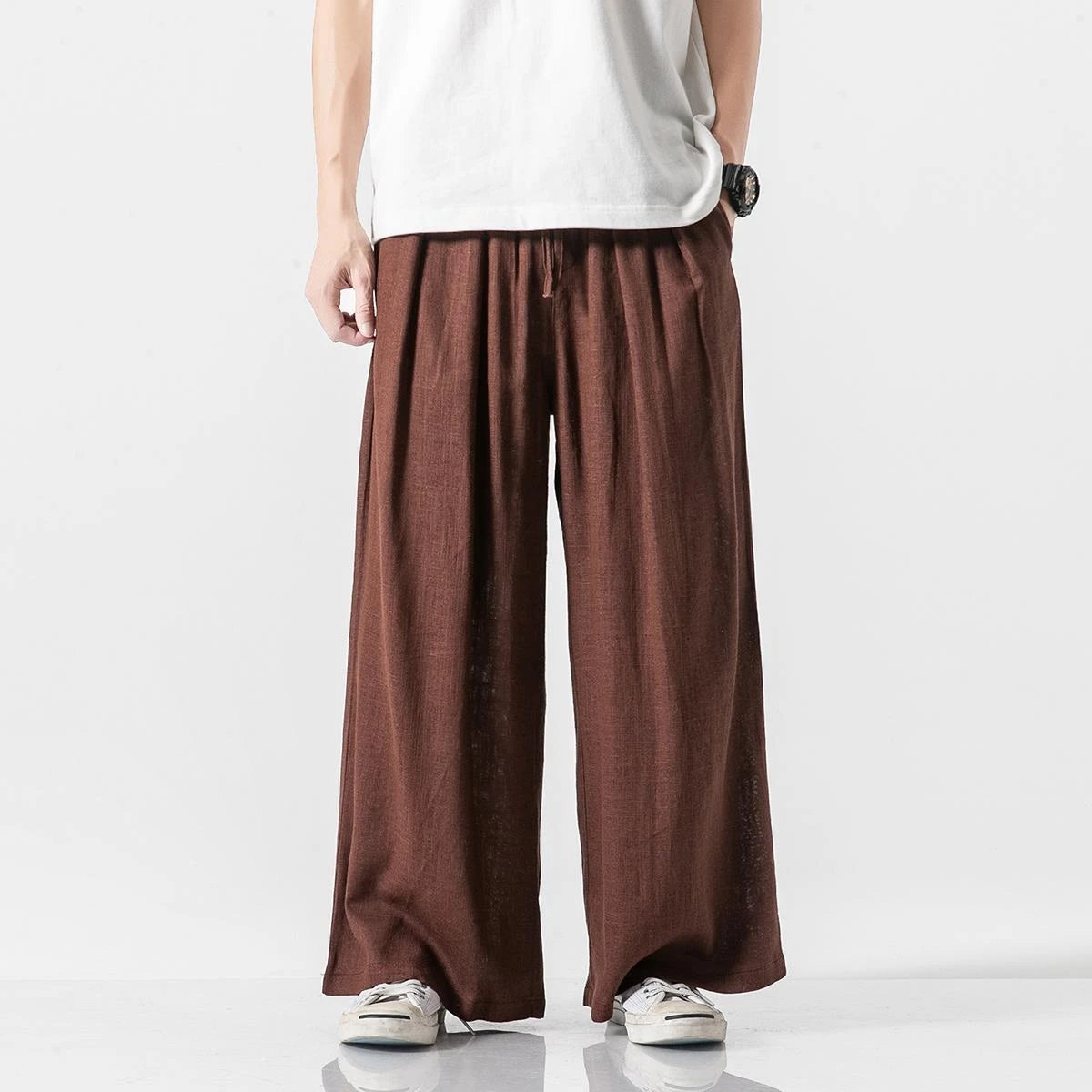 Men's Summer Cotton Linen Casual Chinese Style Loose Harem Straight Lightweight Wide Leg Trousers