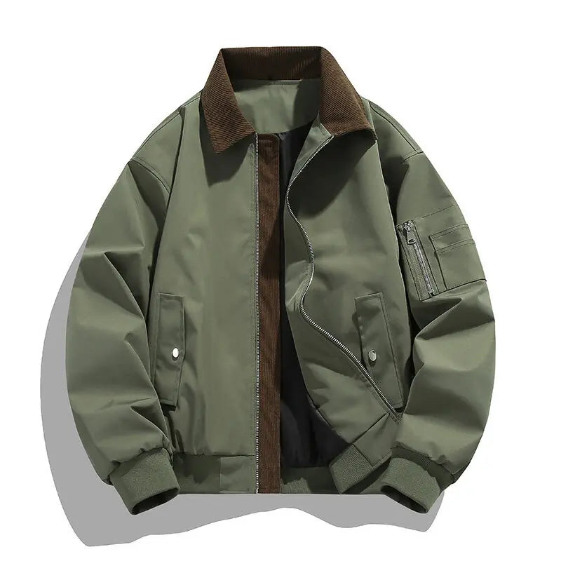 Men's Vintage Cargo Bomber Jacket - Patchwork Turn Down Collar Casual Outerwear