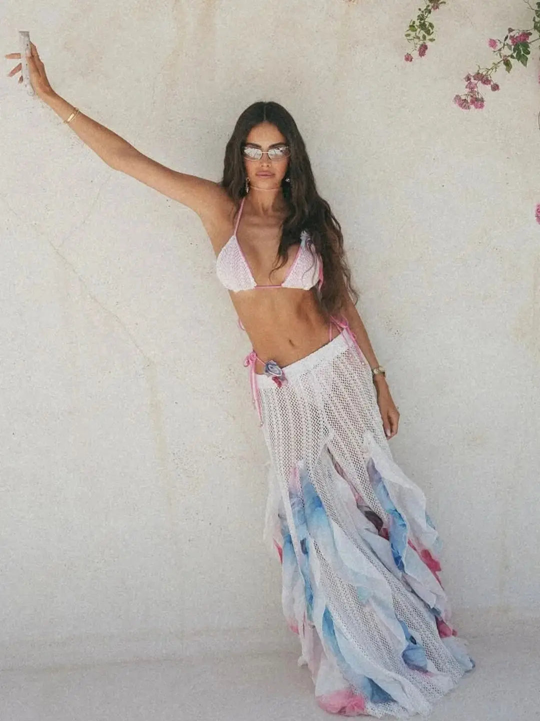 Women's 3 Pcs Knit Bikini With Pants Wide-Leg Ruffle Lace Pants Summer Tube Top with Pants Set