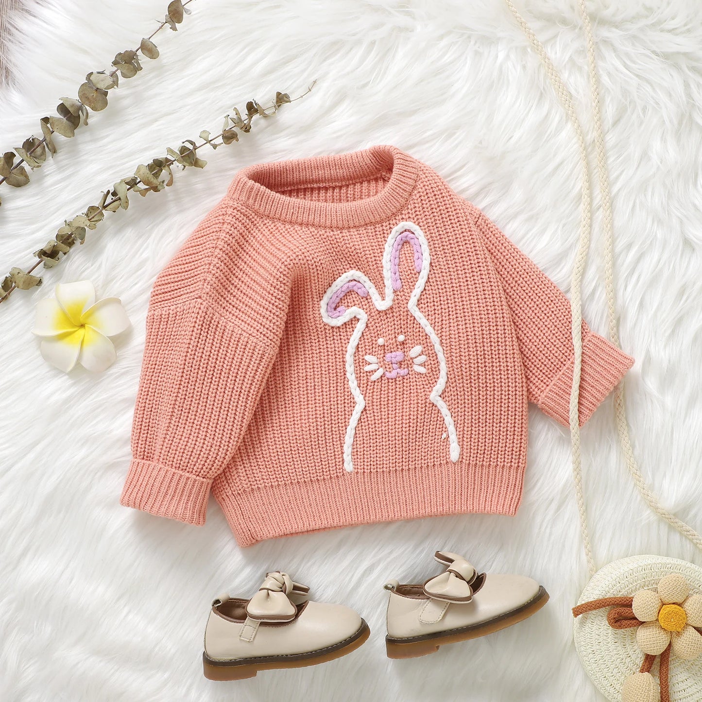 0-3Y Baby Girls Easter Sweater Rabbit Embroidery Long Sleeve Crew Neck Knitwear Pullover Outwear